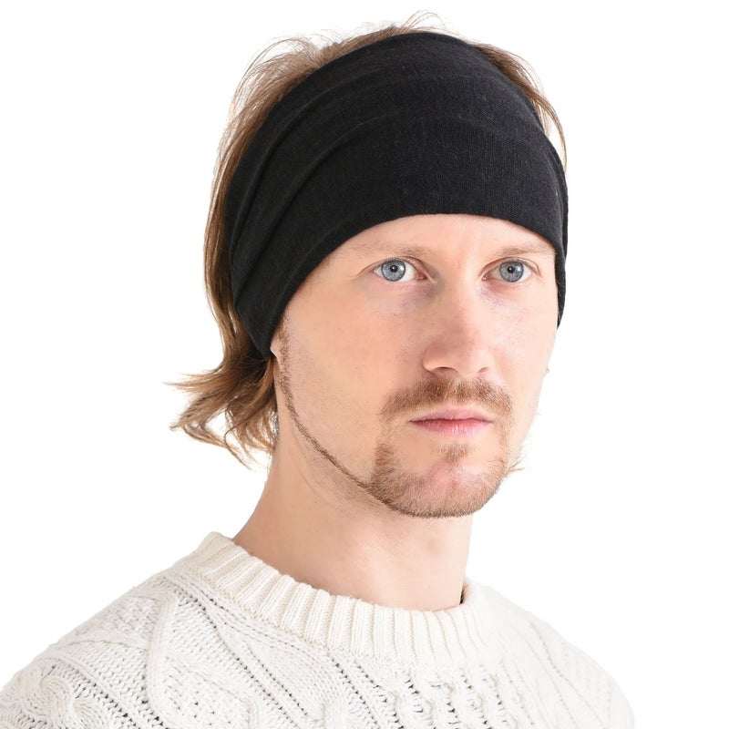 CHARM Womens Linen Head Band Mens Bandana Natural Elastic Hairband Sports Fashion Wrap Black - Image 1